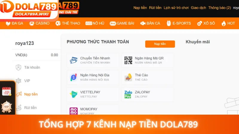 Tổng hợp 7 kênh nạp tiền Dola789