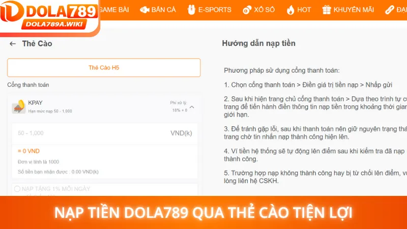 Nạp tiền Dola789 qua thẻ cào tiện lợi